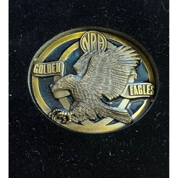 NRA Other - National Rifle Association NRA Golden Eagle Belt Buckle Brass Blue Enamel Vtg